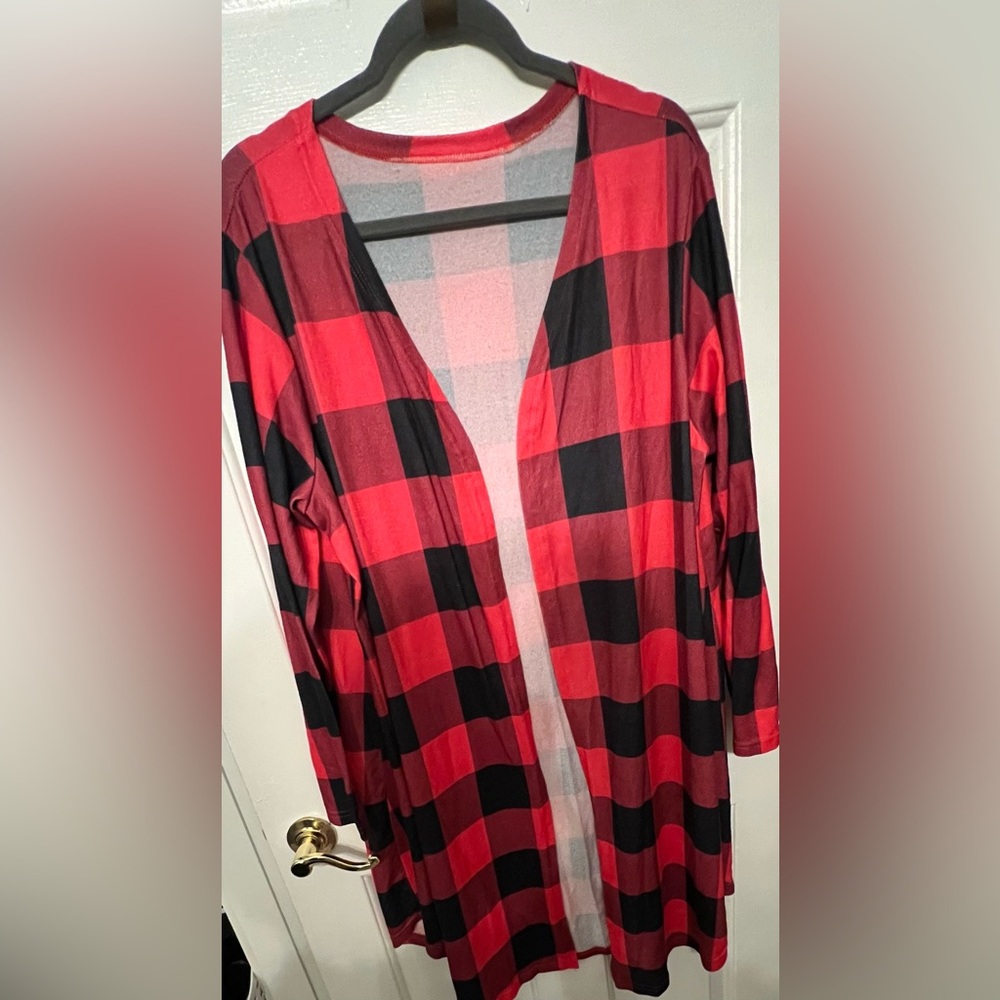 Women’s Long Red & Black Buffalo Plaid Duster Style Cardigan Open Front Size 2XL